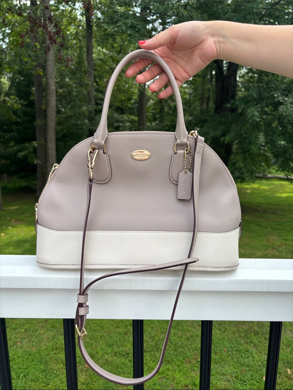 Coach Mini Cora Dome Cross Grain Leather Satchel Crossbody Purse Gray Cream